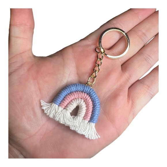 HAND-WOVEN Rainbow Keychain - Blue/Pink/Creme - Picture 2 of 3